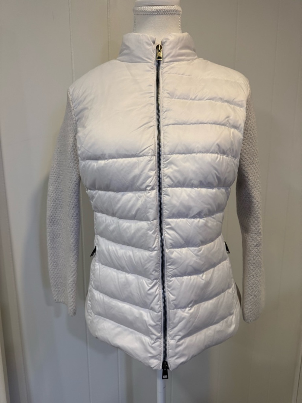 White Quilted Puffer Jacket with Knit Sleeves